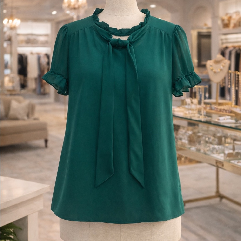 Liz McCoy Emerald Green Blouse with Retro Tie-Neck